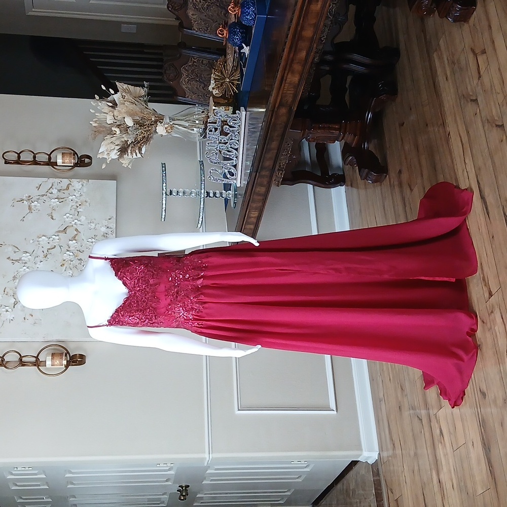New Red A-line Formal Embellished Floral Embroidered Floor-Length Gown. Medium - Picture 7 of 17